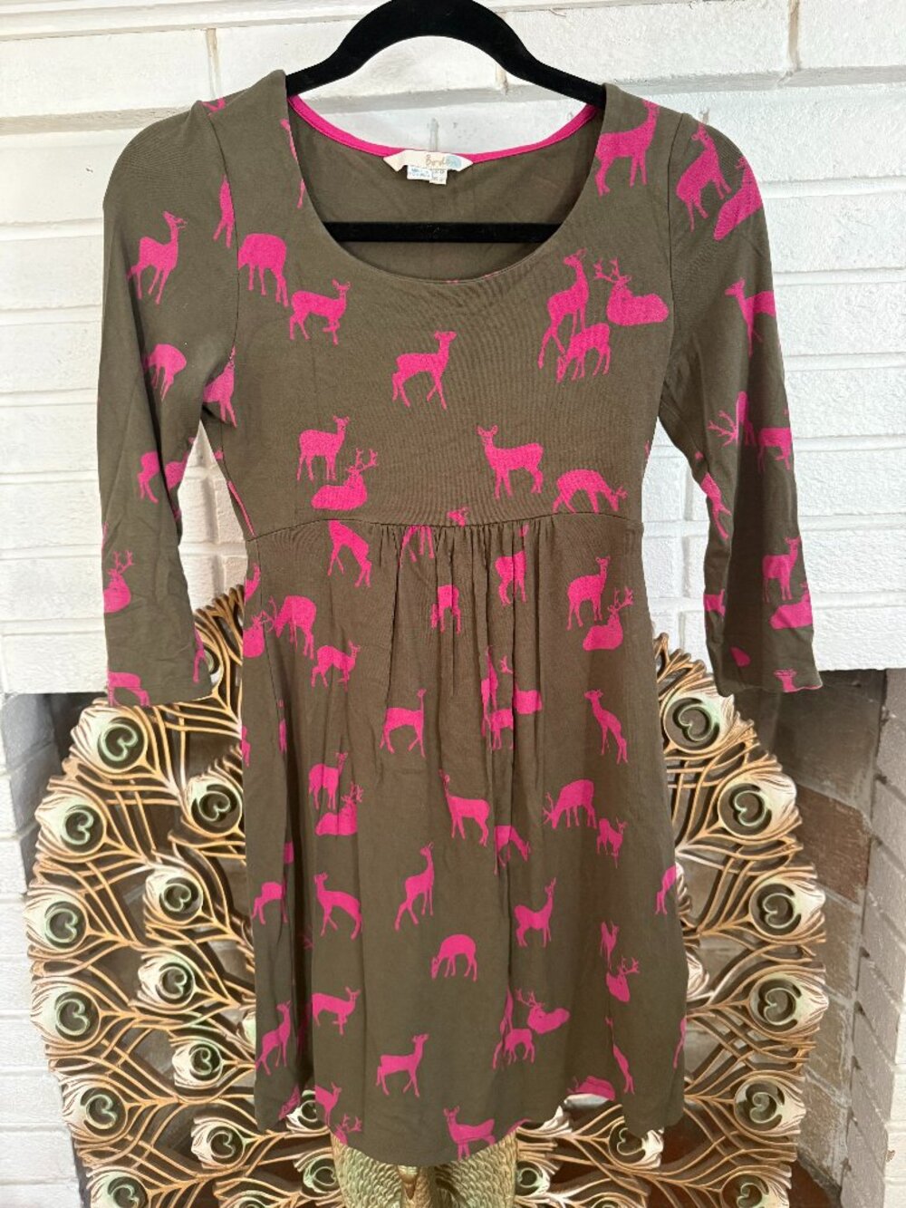 Boden Grazing Deer Print Must Have Tunic/Mini Dress, Olive Green Magenta, US 2P